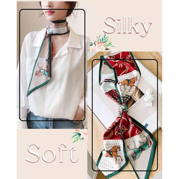 Women's Green Horse Fashion Oblique Angle Silk Neck Scarf Printed Scarves - Picture 6 of 7